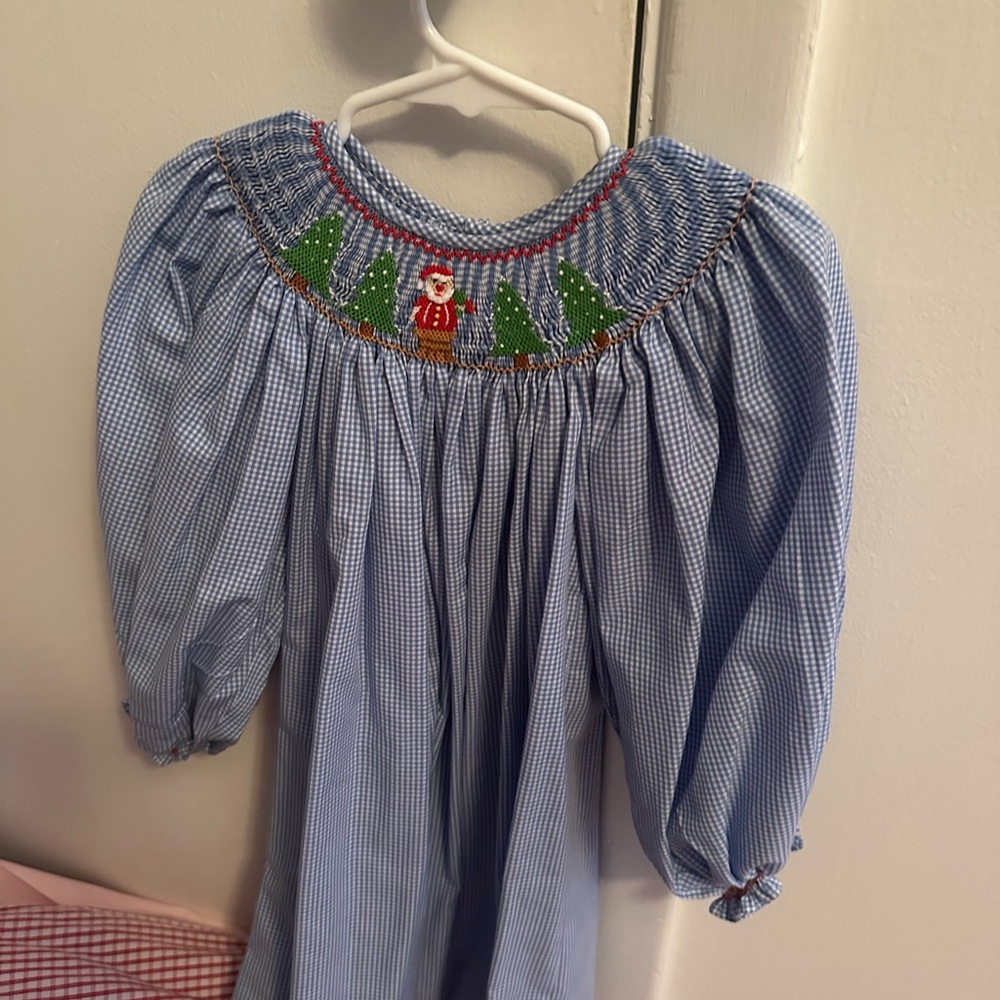 Blue Smocked Dress with Christmas Design